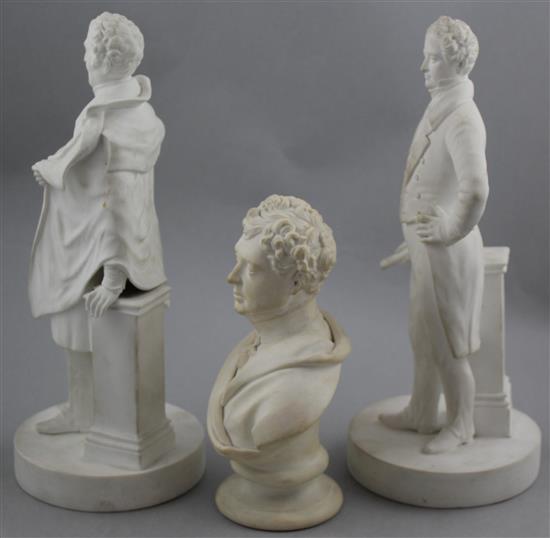 Two Minton biscuit bone china portrait figures and a similar bust, c.1832-40, 18.8cm